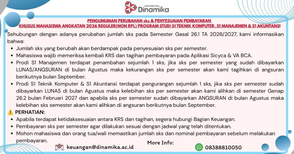 Pengumuman perubahan sks prodi S1 TK MJN AK